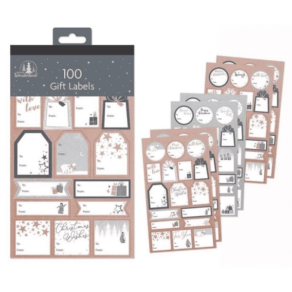 100 CONTEMPORARY FOIL CHRISTMAS GIFT LABELS ROSE GOLD / GREY