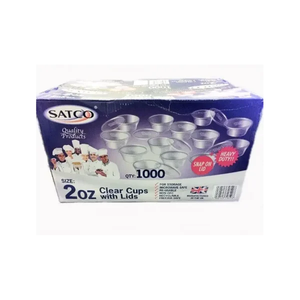 SATCO MICROWAVE PLASTIC ROUND CUPS / POTS WITH LIDS 2OZ PACK OF 1000