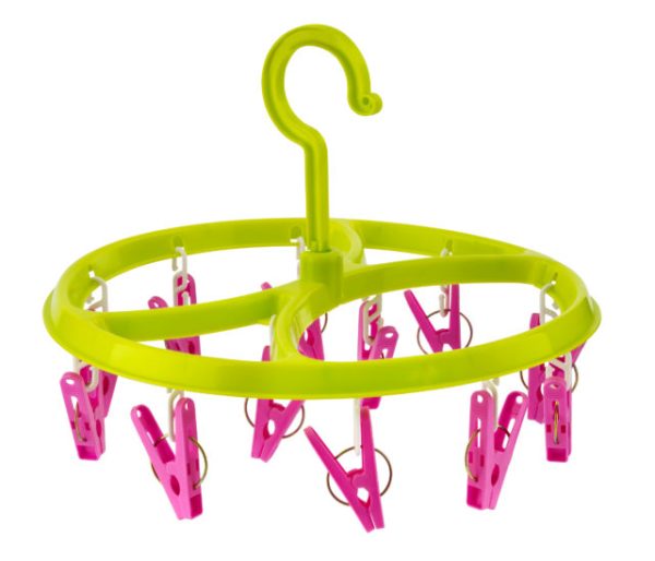 12 PEGS ON ROUND PLASTIC CLOTHES HANGERS 3 ASSOT COLOURS