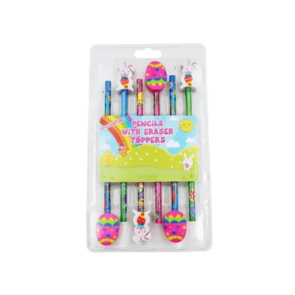 SPRINGTIME EASTER PARTY BAG FILLER PENCIL WITH EGG / RABBIT ERASER PACK OF 6