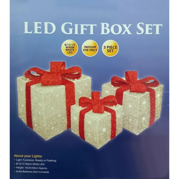 NEST OF 3 RED TINSEL GIFT BOXES WHITE LED LIGHTS 25/20/15CM