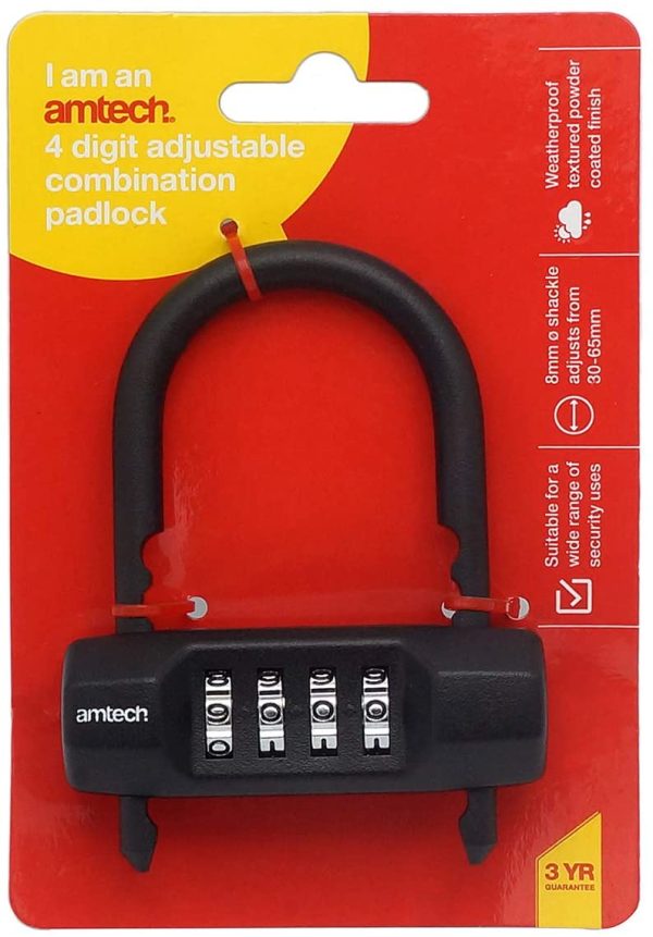 AMTECH 4-DIGIT ADJUSTABLE COMBINATION PADLOCK (30-65MM)