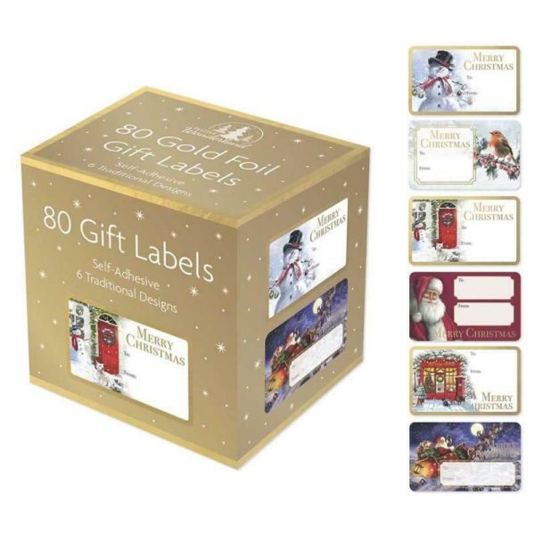 PACK OF 80 TRADISONAL GOLD FOIL SELF-ADHESIVE CHRISTMAS LABELS