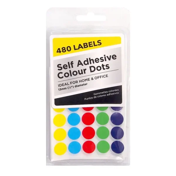 SELF ADHESIVE COLOUR DOTS 13MM PACK OF 480