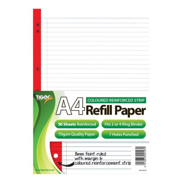 TIGER COLOURED REINFORCED STRIP A4 REFILL PAPER 50 SHEETS