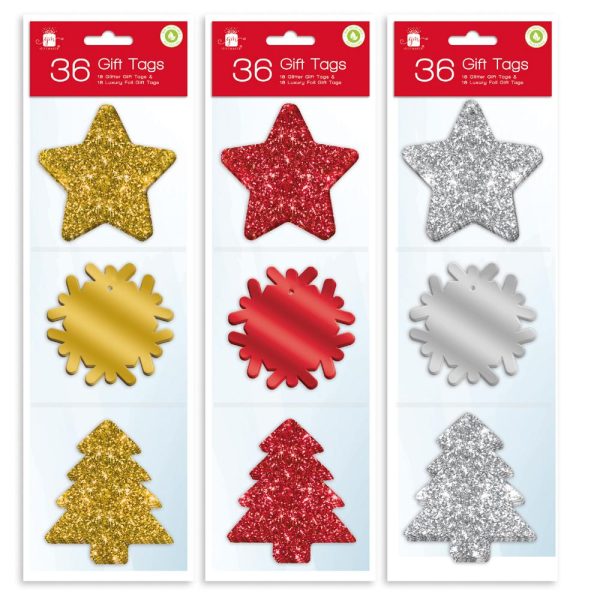 GIFTMAKER GLITTER / FOIL GIFT TAGS WITH THREAD PACK OF 36