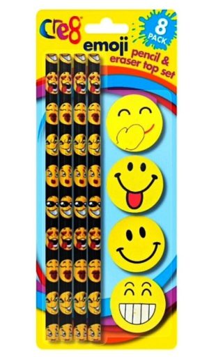 CRE8 EMOJI PENCIL & ERASER TOP SET PACK OF 8