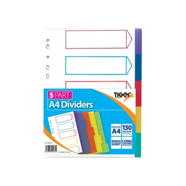 TIGER A4 MULTICOLOURED POLYPROPYLENE 5 PART DIVIDERS