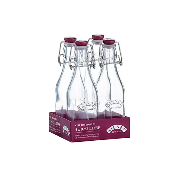 KILNER CLIP TOP SQUARE BOTTLE 250ML PACK OF 4