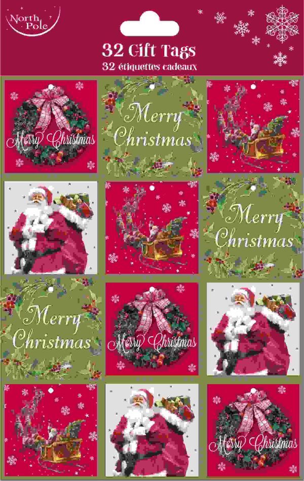 NORTH POLE CHRISTMAS TRADITIONAL GIFT TAGS PACK OF 32