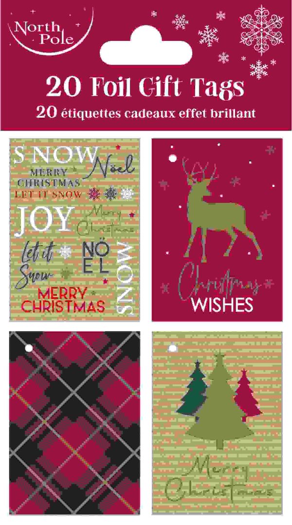 NORTH POLE CHRISTMAS TARTAN GIFT TAGS PACK OF 20