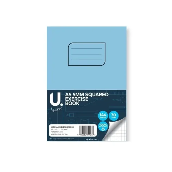 U LEARN A5 5MM SQUARED EXERCISE BOOK 70GSM 72 SHEETS