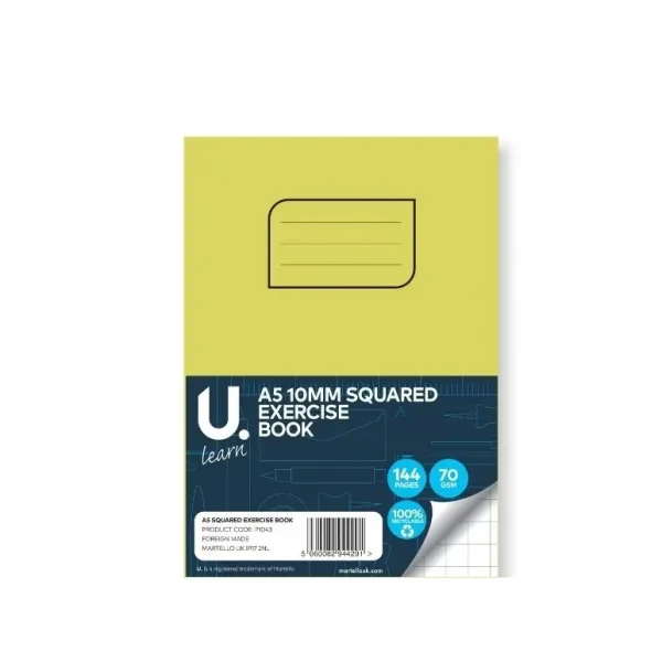 U LEARN A5 10MM SQUARED EXERCISE BOOK 70GSM 72 SHEETS