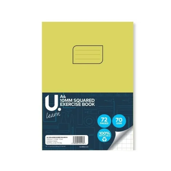 U LEARN A4 10MM SQUARED EXERCISE BOOK 70GSM 36 SHEETS