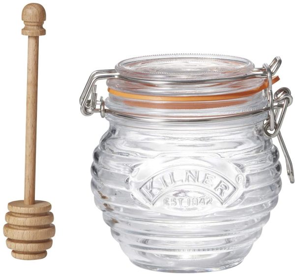 KILNER GLASS HONEY POT SET WITH BEECHWOOD DIPPER