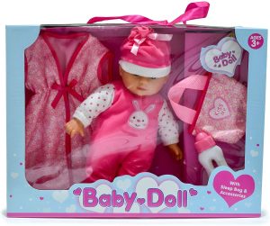 13 INCH SOFT BODIED VINYL BABY DOLL WITH ACCESSORIES