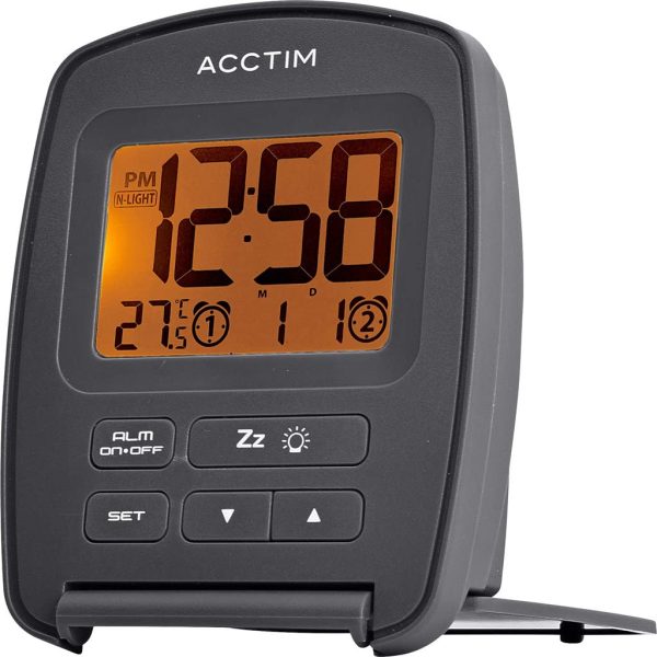 ACCTIM 15517 EREBUS NIGHTGLOW LCD TRAVEL ALARM CLOCK IN GREY