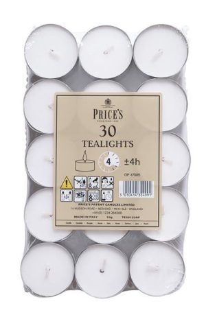 PRICES PATENT CANDLES WHITE TEALIGHT PACK OF 30