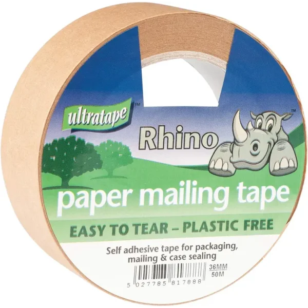 RHINO EASY TEAR KRAFT BROWN PAPER PACKAGING TAPE 36MM X 50M