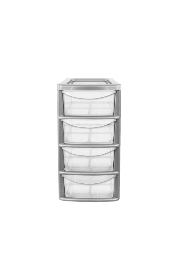 PLASTIC SMALL A5 4 DRAWER TOWER STORAGE UNIT - SILVER