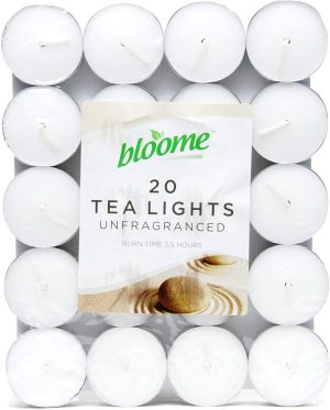 BLOOME UNFRAGRANCED WHITE TEA LIGHTS PACK OF 20 FOR UP TO 2.5 HRS