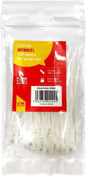 AMTECH 100PCS TIE WRAPS (100 X 2.5 MM) WHITE TIE