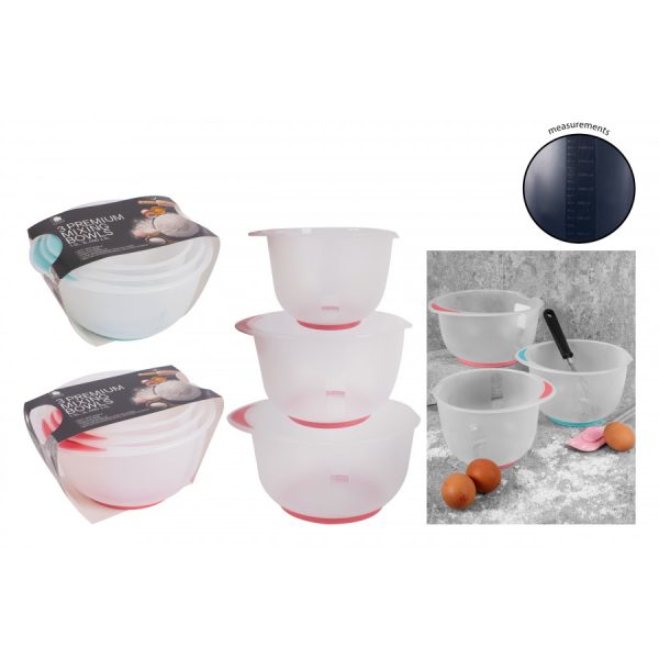 LIVING COLOUR NON SLIP CLEAR MIXING BOWL SET OF 3 ASS COLOUR