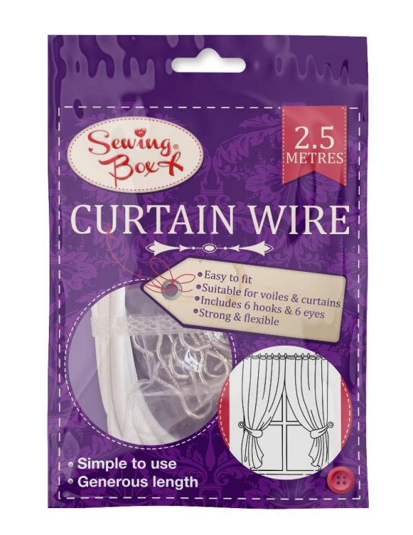 SEWING BOX CURTAIN WIRE 2.5M WITH HOOKS & EYE FITTINGS