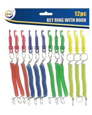 STRETCHY SPRIAL KEY RING WITH HOOK PACK OF 12