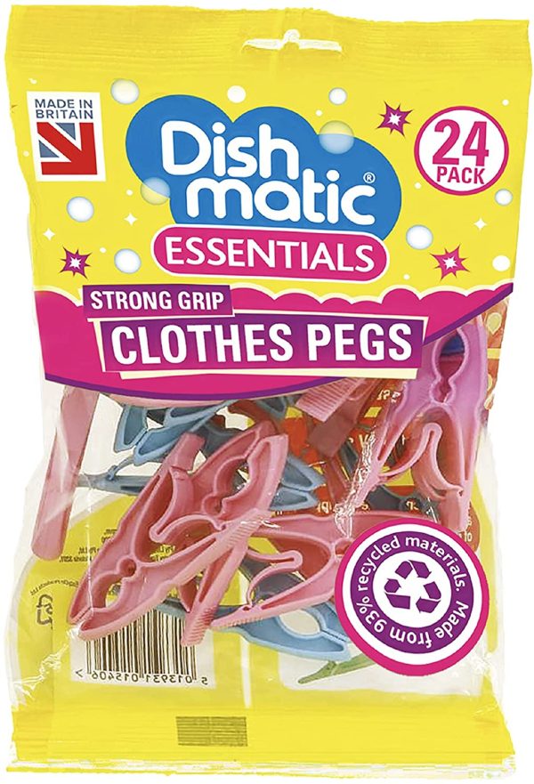 DISHMATIC STRONG GRIP CLOTHES PEGS PACK OF 24 ASSORTED COLOUR