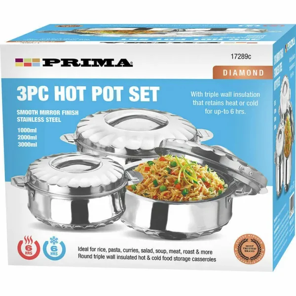 PRIMA 3 PCS DOUBLE WALL HOT POT SET STAUNLESS STEEL