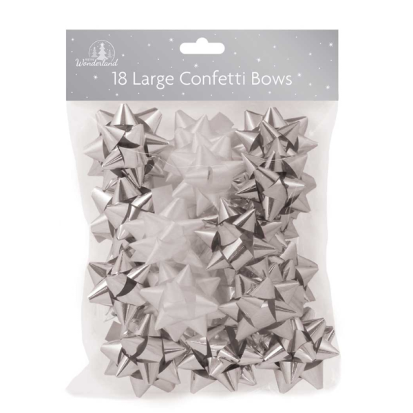 FESTIVE WONDERLAND LARGE SILVER WHITE CONFETTI GIFT BOWS PACK OF 18. XA0138