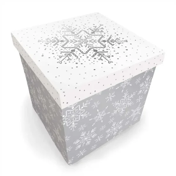 MEDIUM SQUARE FLAT PACK CHRISTMAS GIFT BOX SILVER & WHITE 20X20X20CM