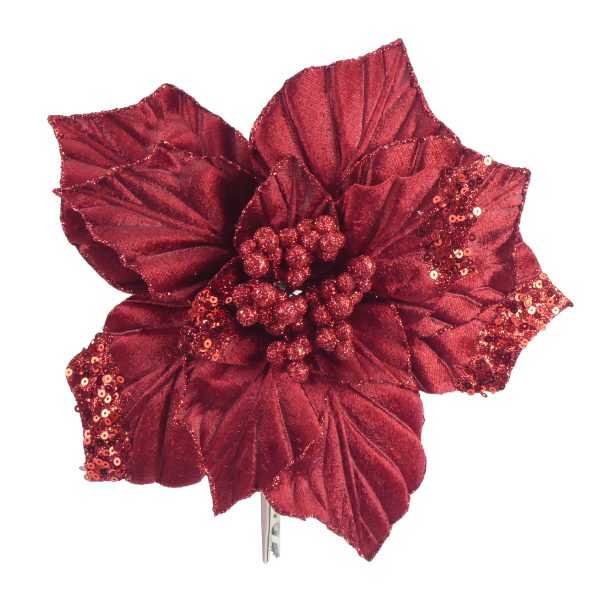 CHRISTMAS VELVET POINSETTIA ON CLIP 22CM