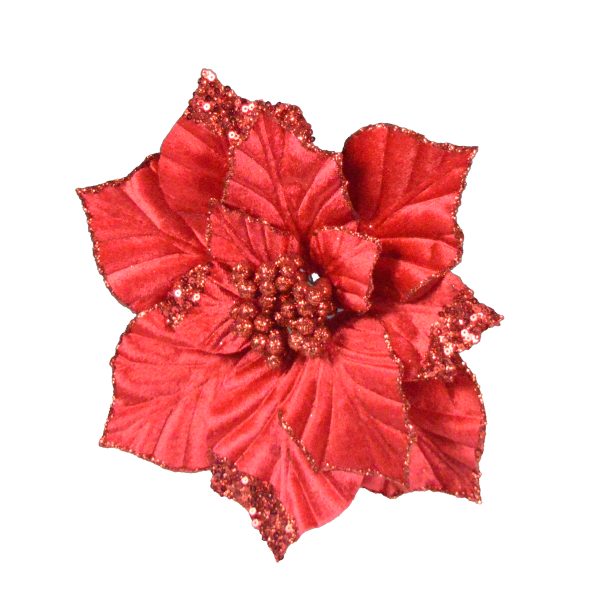 CHRISTMAS VELVET POINSETTIA ON CLIP 22CM - RED