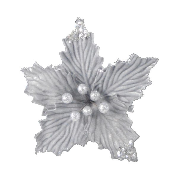 CHRISTMAS POINSETTIA ON CLIP 25CM - SILVER