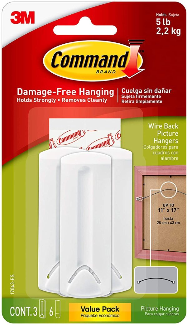 COMMAND 17043 WIRE BACK PICTURE HANGERS PACK OF 3 HANGERS AND 6 ADHESIVE STRIPS WHITE