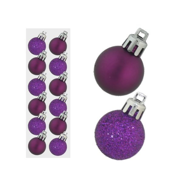 12 MINI BAUBLES MAT GLITTER PURPLE COLOUR 30MM