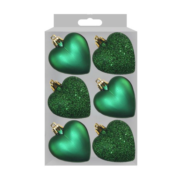 GLITTER / MATT HEART SHAPE CHRISTMAS TREE BAUBLES 50MM PACK OF 6 - GREEN