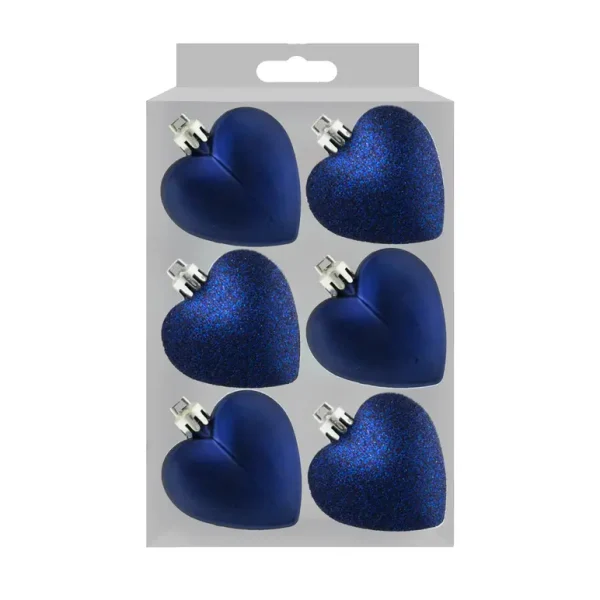 GLITTER / MATT HEART SHAPE CHRISTMAS TREE BAUBLES 50MM PACK OF 6 - NAVY BLUE