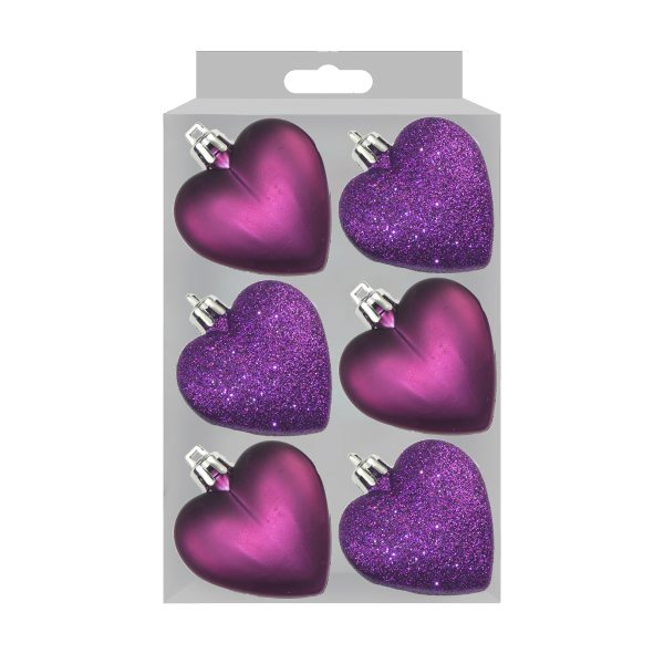 GLITTER / MATT HEART SHAPE CHRISTMAS TREE BAUBLES 50MM PACK OF 6- PURPLE