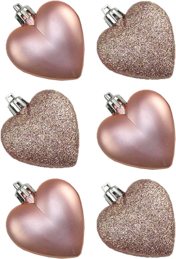 GLITTER / MATT HEART SHAPE CHRISTMAS TREE BAUBLES 50MM PACK OF 6 - PEACH