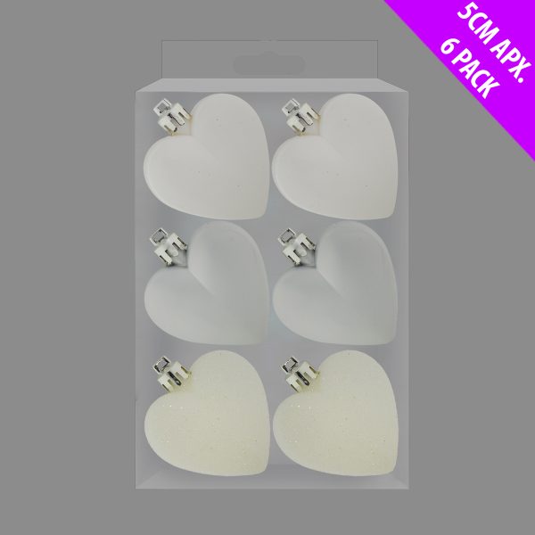 GLITTER / MATT HEART SHAPE CHRISTMAS TREE BAUBLES 50MM PACK OF 6 - WHITE