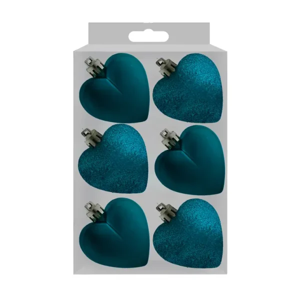 GLITTER / MATT HEART SHAPE CHRISTMAS TREE BAUBLES 50MM PACK OF 6- KINGFISHER BLUE