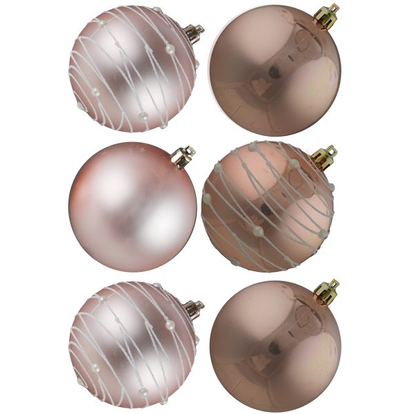 6 CHRISTMAS BAUBLES SWIRL ROSE GOLD 80MM