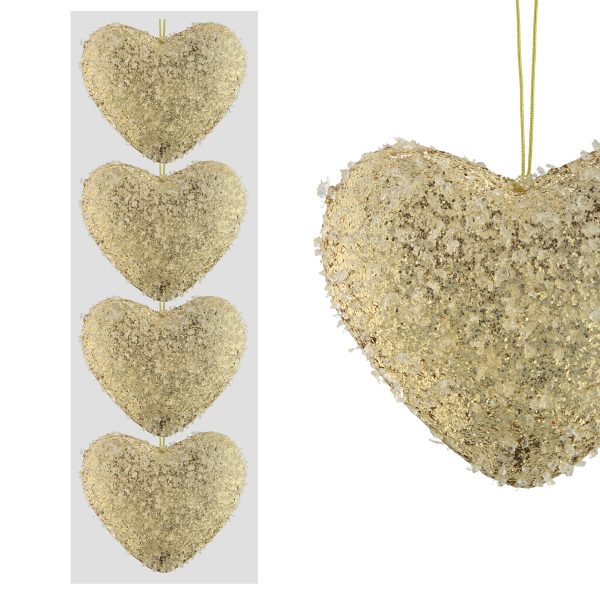 4 FROSTY HEARTS CHRISTMAS BAUBLES 11CM - CHAMPAGNE GOLD