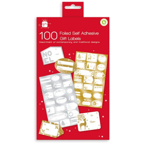 GIFT MAKER 100 FOIL CHRISTMAS GIFT TAGS STICKER PACK OF 100