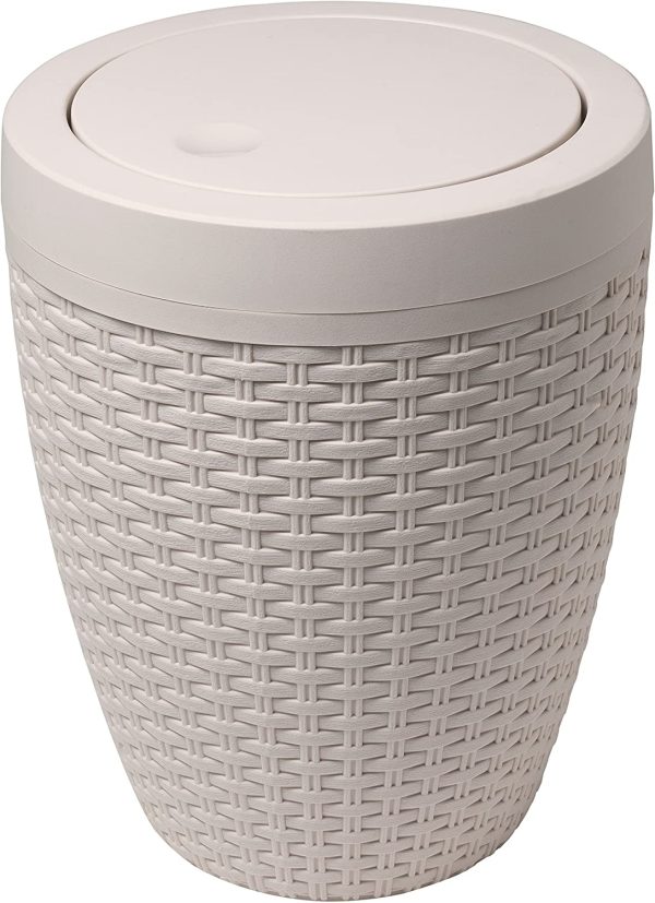 ADDIS RATTAN LOOK ROUND BATHROOM PLASTIC BIN WITH SWING LID - BEIGE