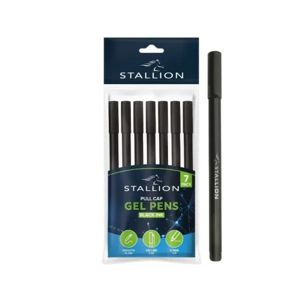 STALLION PULL CAP GEL PENS PACK OF 7 - BLACK