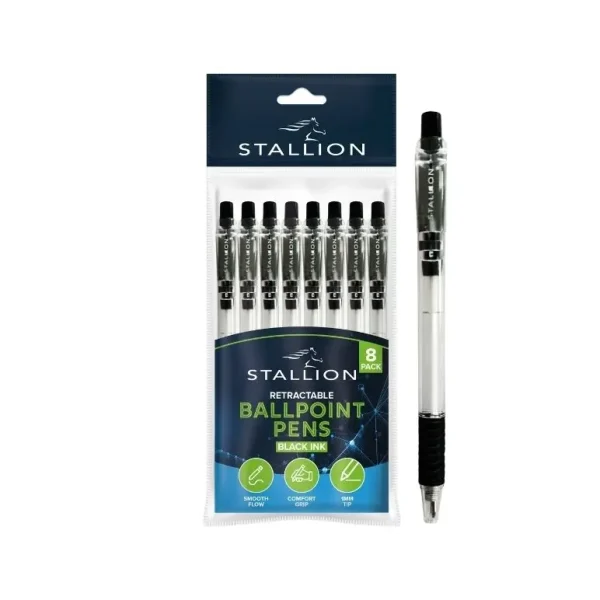 STALLION RETRACTABLE BALLPOINT PENS WITH GRIP PACK OF 8 - BLACK